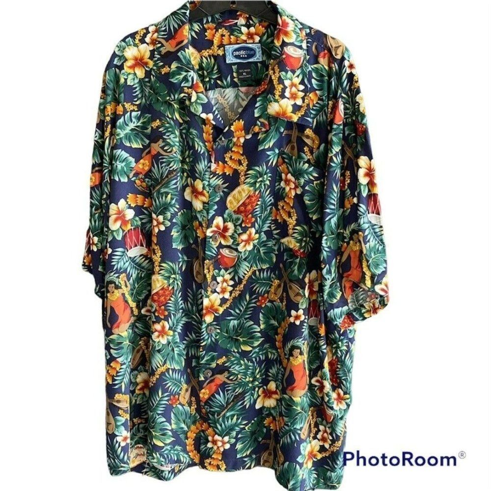 Pacific Blue USA Mens Floral Hawaiian Button Down Short Sleeve Shirt Size XL